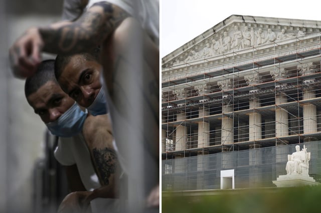 Left: Prisoners look out of their cell at maximum security penitentiary CECOT (Center for the Compulsory Housing of Terrorism) on April 4, 2025 in Tecoluca, San Vicente, El Salvador. Right: The U.S. Supreme Court is seen on April 07, 2025 in Washington, DC.