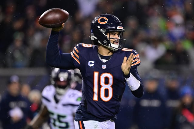 Dec 26, 2024; Chicago, Illinois, USA; Chicago Bears quarterback Caleb Williams (18) passes the ball against the Seattle Seahawks during the first quarter at Soldier Field. Mandatory Credit: Daniel Bartel-Imagn Images/File Photo