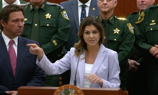 First Lady Casey DeSantis, accompanied by Gov. Ron DeSantis, explains a new partnership between Hope Florida and the Florida Sheriff&#39;s Association to help refer people seeking help to community support organizations during a press conference in Tallahassee on Tuesday, April 1, 2025. (Facebook: Governor Ron DeSantis)