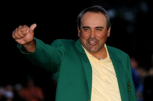 Angel Cabrera of Argentina celebrates during the green jacket presentation after defeating Kenny Perry on the second sudden death playoff hole to win the 2009 Masters Tournament at Augusta National Golf Club on April 12, 2009 in Augusta, Georgia.