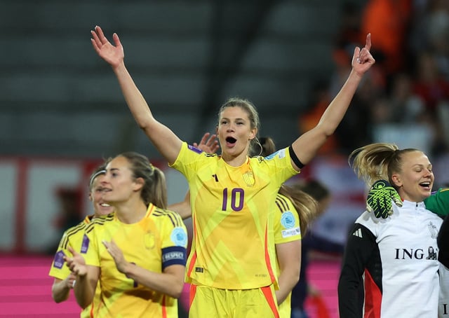 Soccer Football - Women's Nations League - League A - Belgium v England - Den Dreef, Leuven, Belgium - April 8, 2025 Belgium's Justine Vanhaevermaet celebrates after the match REUTERS/Yves Herman