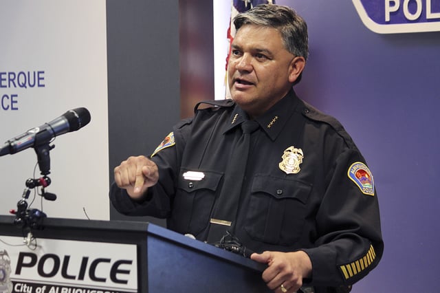 FILE - Albuquerque Police Chief Harold Medina answers questions about an ongoing investigation in Albuquerque, N.M., Feb. 2, 2024. (AP Photo/Susan Montoya Bryan, File)