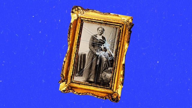 A photo illustration of a portrait of Harriet Tubman in a vintage broken picture frame.