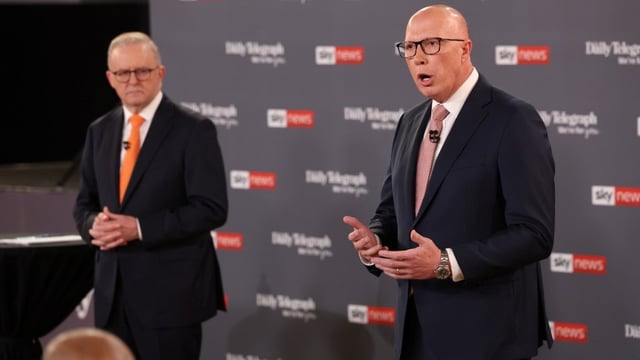 Anthony Albanese and Peter Dutton during the Sky News leaders' debate (Image: AAP/Jason Edwards)