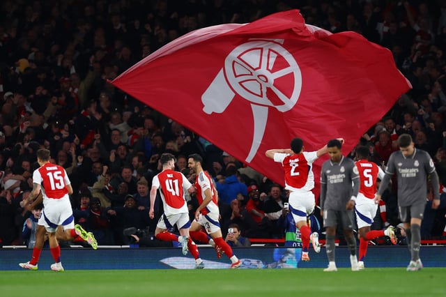 Soccer Football - Champions League - Quarter Final - First Leg - Arsenal v Real Madrid - Emirates Stadium, London, Britain - April 8, 2025 Arsenal's Mikel Merino celebrates scoring their third goal with teammates Action Images via Reuters/Matthew Childs