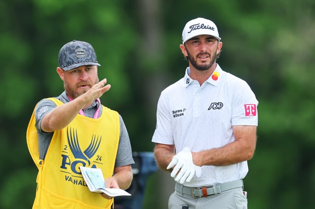 LOUISVILLE, KENTUCKY - MAY 17: Max Homa of the United States and his caddie, Joe Greiner, line up a shot on the fifth hole during the second round of the 2024 PGA Championship at Valhalla Golf Club on May 17, 2024 in Louisville, Kentucky.