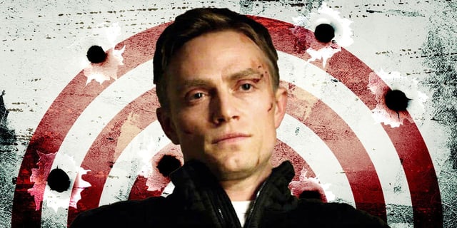 Benjamin Lester Poindexter's (Wilson Bethel) with a Bullseye and bullet holes behind him for Daredevil Born Again