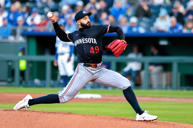 Apr 8, 2025; Kansas City, Missouri, USA; Minnesota Twins pitcher Pablo López (49) pitching during the first inning against the Kansas City Royals at Kauffman Stadium. Mandatory Credit: William Purnell-Imagn Images/File Photo