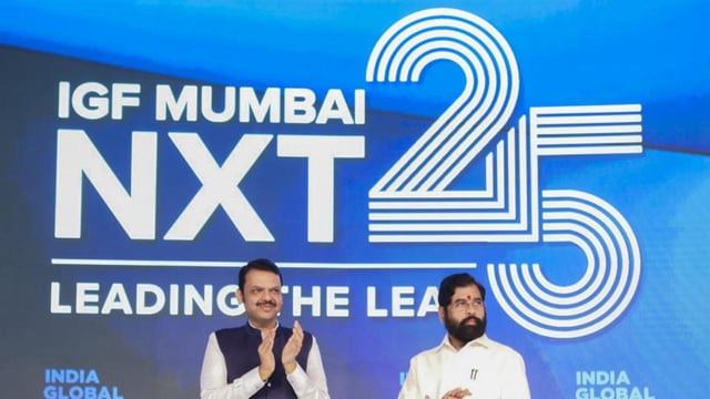 Mumbai: Maharashtra Chief Minister Devendra Fadnavis and Deputy Chief Minister Eknath Shinde at the India Global Forum's 'IGF Mumbai NXT 25: Leading the Leap' event, in Mumbai, Tuesday, April 8, 2025. (PTI Photo)(PTI04_08_2025_000146B) (PTI)