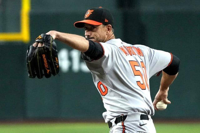 Baltimore Orioles pitcher Charlie Morton throws against the Arizona Diamondbacks in the first inning during a baseball game, Tuesday, April 8, 2025, in Phoenix. (AP Photo/Rick Scuteri)