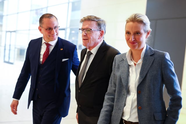 Far-right Alternative for Germany (AfD)'s nominee for Vice President of the Bundestag Gerold Otten and AfD's co-leaders Alice Weidel and Tino Chrupalla leave after giving the press statement after an inaugural session of Germany's lower house of parliament, the Bundestag, in Berlin, Germany, March 25, 2025. REUTERS/Lisi Niesner/File Photo