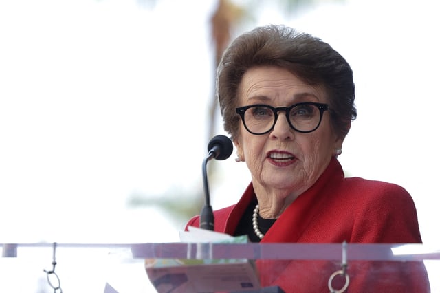 Tennis icon Billie Jean King speaks on the day of her star unveiling ceremony on the Hollywood Walk of Fame in Los Angeles, California, U.S., April 7, 2025. REUTERS/Mario Anzuoni