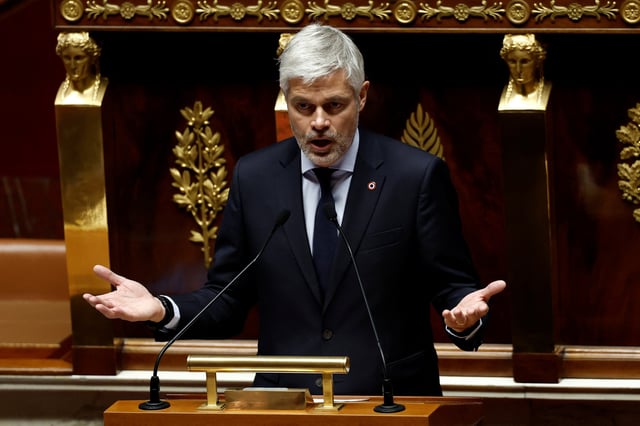 Laurent Wauquiez, member of parliament of Les Republicains (LR) party and president of the Droite Republicaine (DR) parliamentary group, gestures as he delivers a speech during a debate following the general policy speech of the French Prime Minister at the National Assembly in Paris, France, January 14, 2025. REUTERS/Benoit Tessier/File Photo