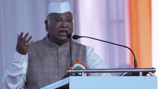 Congress Party President Mallikarjun Kharge speaks during All India Congress Committee's national convention in Ahmedabad, India, Wednesday, April 9, 2025. 