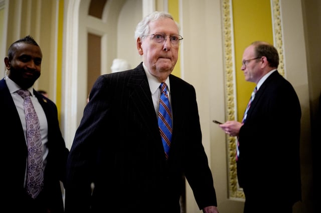 Senator Mitch McConnell (R-KY) walks through the U.S. Capitol on April 8, 2025 in Washington, DC.