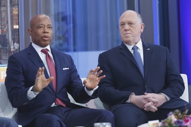 New York City Mayor Eric Adams and President Donald Trump's "border czar" Tom Homan appear in the Manhattan studio of "Fox & Friends" on Feb. 14, 2025.