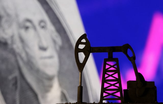 Oil pump jack is seen in front of displayed U.S. dollar banknote and rising stock graph in this illustration taken, October 8, 2023. REUTERS/Dado Ruvic/Illustration/ File Photo