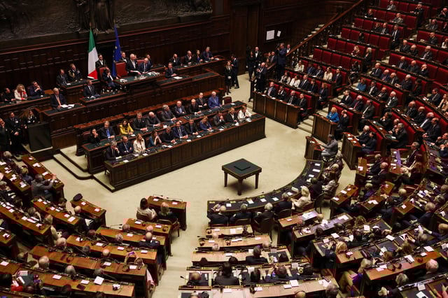 Britain's King Charles delivers a speech as he attends a joint session of the Italian parliament, in Rome, Italy, April 9, 2025. REUTERS/Phil Noble