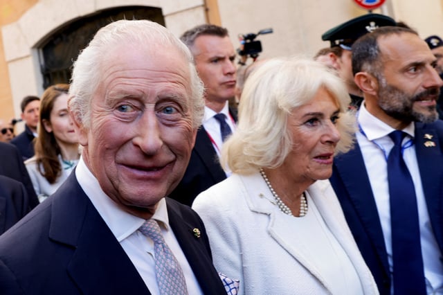 Britain's King Charles and  Queen Camilla depart after attending a joint session of the Italian parliament, on the occasion of their state visit, in Rome, Italy, April 9, 2025. REUTERS/Remo Casilli
