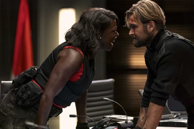The U.S president (Viola Davis) faces down a terrorist (Antony Starr) in the Prime Video action thriller “G20.”