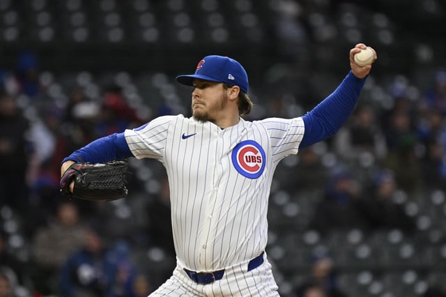Apr 7, 2025; Chicago, Illinois, USA;  Chicago Cubs pitcher Justin Steele (35) delivers against the Texas Rangers during the first inning at Wrigley Field. Mandatory Credit: Matt Marton-Imagn Images/ File Photo