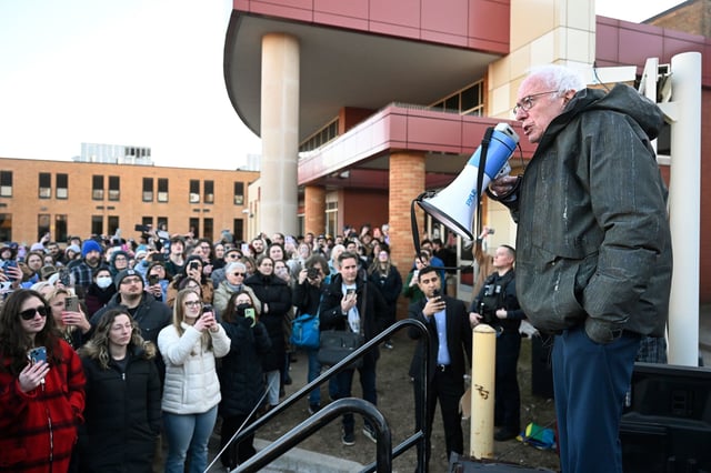 Sen. Bernie Sanders speaks to an overflow crowd outside Lincoln High School in Warren, Michigan, on March 8.