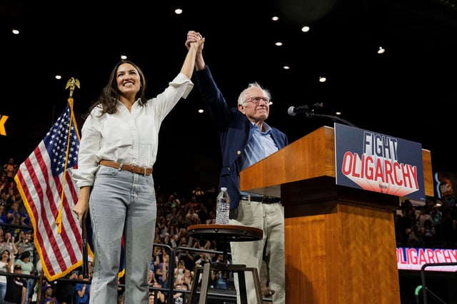 US Rep. Alexandria Ocasio-Cortez and Sen. Bernie Sanders during the "Fighting Oligarchy" rally in Tempe, Arizona.