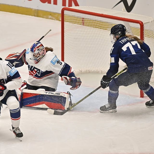 From left, Megan Keller of the U.S, Julia Schalin of Finland, Laila Edwards of the U.S., goalkeeper Aerin Frankel of the U.S. and Sanni Rantal of Finland in action during the ice hockey IIHF Women's World Championship Group A match between Finland and U.S., in Ceske Budejovice, Czech Republic, Wednesday, April 9, 2025. (Lubos Pavlicek/CTK via AP)