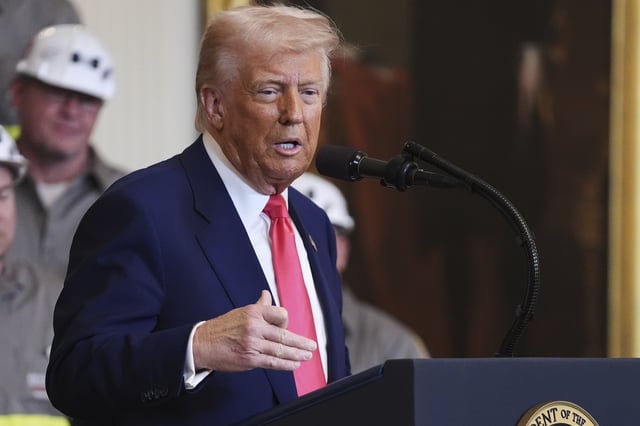 President Donald Trump speaks during an event on energy production in the East Room of the White House, Tuesday, April 8, 2025, in Washington. (AP Photo/Evan Vucci)