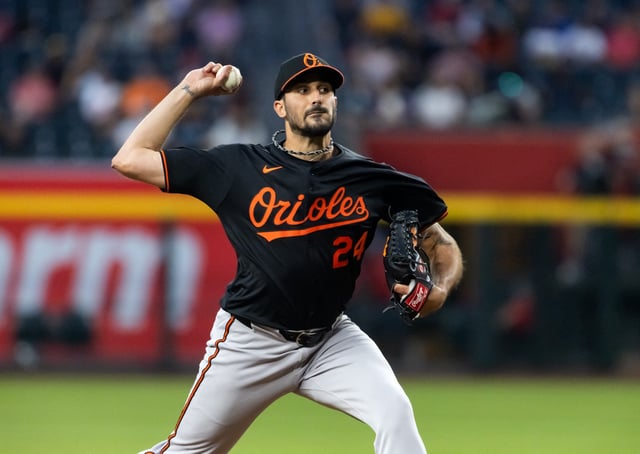 Apr 7, 2025; Phoenix, Arizona, USA; Baltimore Orioles pitcher Zach Eflin in the first inning against the Arizona Diamondbacks at Chase Field. Mandatory Credit: Mark J. Rebilas-Imagn Images/File Photo