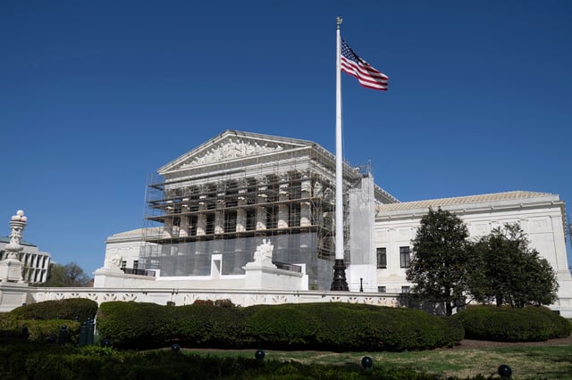 Construction scaffolding is in place at the Supreme Court Tuesday, April 1, 2025, in Washington. (AP Photo/Rahmat Gul)