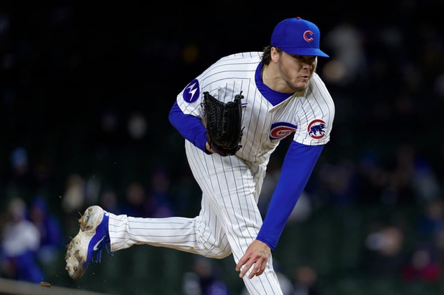 CHICAGO, ILLINOIS - APRIL 7: Justin Steele #35 of the Chicago Cubs pitches in the sixth inning against the Texas Rangers at Wrigley Field on April 7, 2025 in Chicago, Illinois.