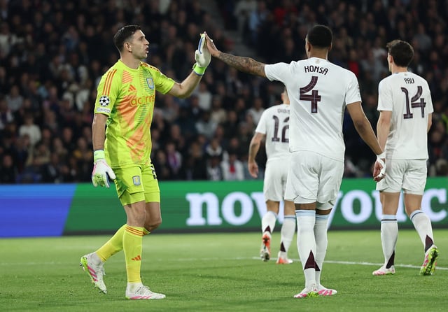 Soccer Football - Champions League - Quarter Final - First Leg - Paris St Germain v Aston Villa - Parc des Princes, Paris, France - April 9, 2025 Aston Villa's Emiliano Martinez and Ezri Konsa react REUTERS/Christian Hartmann