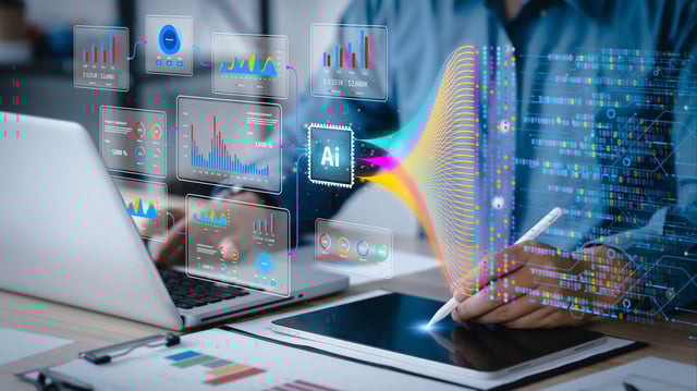 Data analysis science and big data with AI technology. Analyst or Scientist uses a computer and dashboard for analysis of information on complex data sets on computer. Insights development engineer