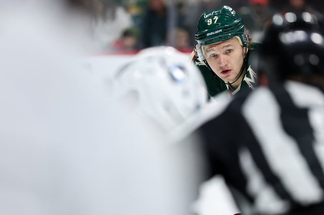 Jan 23, 2025; Saint Paul, Minnesota, USA; Minnesota Wild left wing Kirill Kaprizov (97) prepares for a faceoff against the Utah Hockey Club during the second period at Xcel Energy Center. Mandatory Credit: Matt Krohn-Imagn Images/File Photo