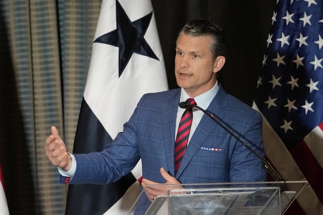 U.S. Defense Secretary Pete Hegseth speaks during a press conference in Panama City, Wednesday, April 9, 2025. (AP Photo/Matias Delacroix)