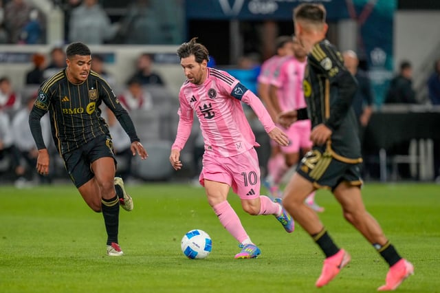 Lionel Messi of Inter Miami in action during the CONCACAF Champions Cup 2025 match between Los Angeles Football Club and Inter Miami at BMO Stadium on April 2, 2025 in Los Angeles, California.