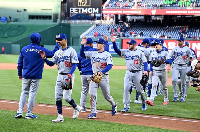 The Dodgers celebrate after their 6-5 victory over the Washington Nationals on Wednesday in Washington, D.C. The Dodgers went 2-4 on their chilly East Coast trip. (Photo by Greg Fiume/Getty Images)