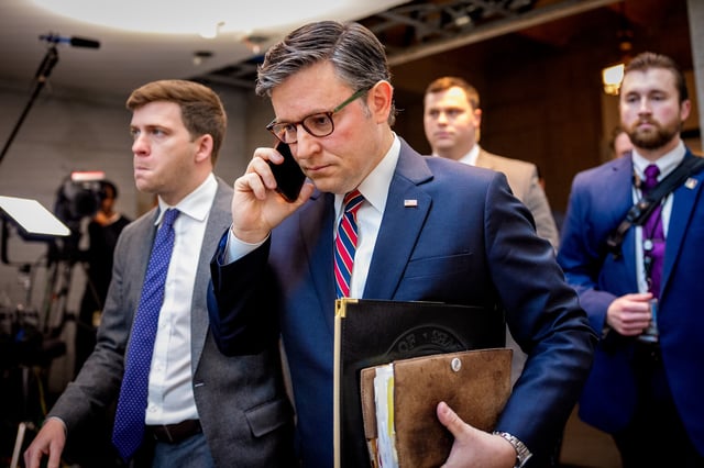Speaker of the House Rep. Mike Johnson is seen arriving for a House Republican Caucus meeting at the U.S. Capitol on April 8, 2025, in Washington, D.C. (Photo by Andrew Harnik/Getty Images)