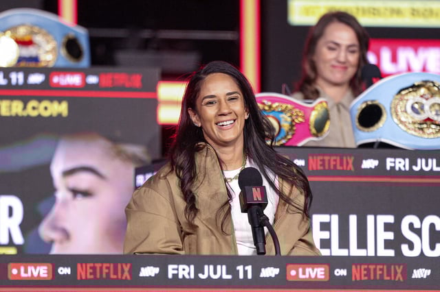 Apr 9, 2025; New York, New York, USA; Amanda Serrano speaks at a press conference ahead of a boxing match against Katie Taylor at Madison Square Garden. Mandatory Credit: Vincent Carchietta-Imagn Images
