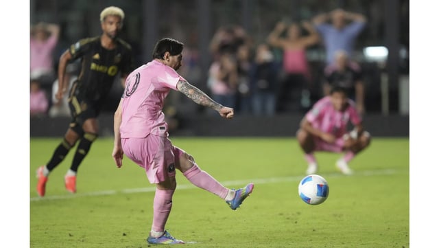 Inter Miami star Lionel Messi scores on a penalty kick during the second half of a CONCACAF Nations Cup quarterfinal second-leg match against LAFC on Wednesday in Fort Lauderdale, Fla. Messi scored twice to rally his team to a 3-1 win and a 3-2 aggregate-goal victory in the series. (AP Photo/Jim Rassol)