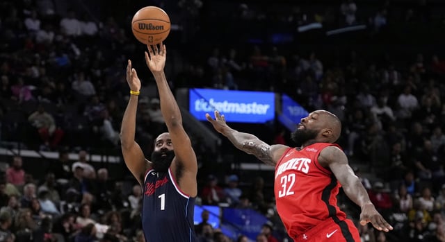 Clippers guard James Harden, left, shoots as Houston Rockets forward Jeff Green defends during the second half on Wednesday night at the Intuit Dome in Inglewood. Harden had 35 points and 10 assists as the Clippers won their sixth in a row, 134-117. (AP Photo/Mark J. Terrill)