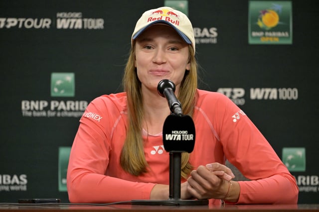 Mar 4, 2025; Indian Wells, CA, USA;  Elena Rybakina (KAZ) talks to the media during a news conference during the BNP Paribas Open at the Indian Well Tennis Garden. Mandatory Credit: Jayne Kamin-Oncea-Imagn Images