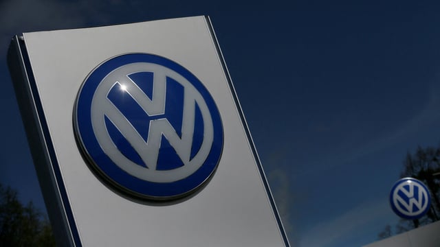 A Volkswagen logo is pictured at Volkswagen's headquarters in Wolfsburg, Germany.