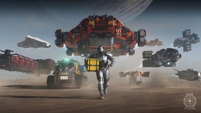 Star Citizen character with vehicles