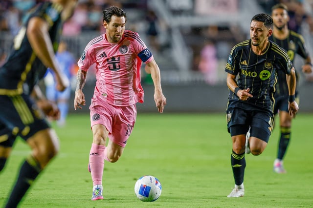 Messi dribbles during his two-goal display against LAFC.