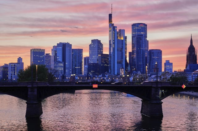 Germany's main financial district is pictured in the setting sun in Frankfurt, Germany, Wednesday, April 9, 2025. (AP Photo/Martin Meissner)