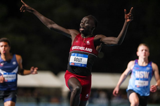 Australian Gout Gout (C) competes in the U20 to win the 100m at the Australian Athletics Championships on day one at WA Athletics Stadium in Perth on April 10, 2025.