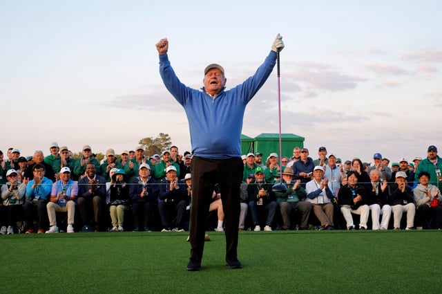 Golf - The Masters - Augusta National Golf Club, Augusta, Georgia, U.S. - April 10, 2025  Jack Nicklaus of the U.S. reacts during the ceremonial tee off REUTERS/Brian Snyder