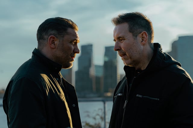 L-R Tom Hardy as Harry Da Souza and Paddy Considine as Kevin Harrigan in Mobland, episode 3, season 1, Streaming on Paramount+ 2025.